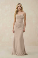 Cowl Neck Sheath Chiffon Bridesmaid Dress with Corset in Almond - KissProm Bridesmaid Dresses