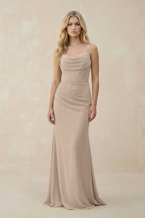 Cowl Neck Sheath Chiffon Bridesmaid Dress with Corset in Almond - KissProm Bridesmaid Dresses