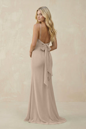 Cowl Neck Sheath Chiffon Bridesmaid Dress with Corset in Almond - KissProm Bridesmaid Dresses
