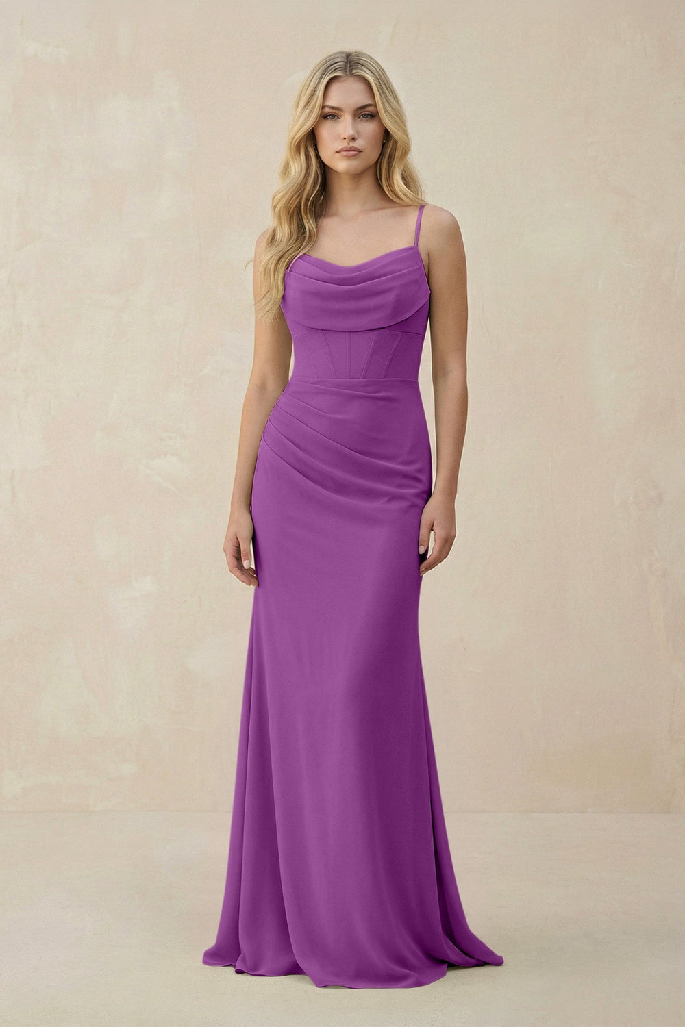 Cowl Neck Sheath Chiffon Bridesmaid Dress with Corset in Amethyst - KissProm Bridesmaid Dresses