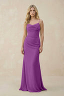 Cowl Neck Sheath Chiffon Bridesmaid Dress with Corset in Amethyst - KissProm Bridesmaid Dresses
