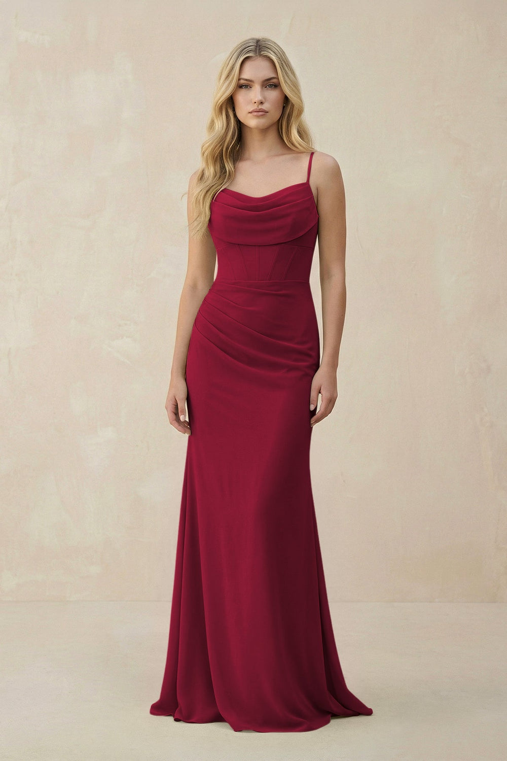 Cowl Neck Sheath Chiffon Bridesmaid Dress with Corset in Berry - KissProm Bridesmaid Dresses