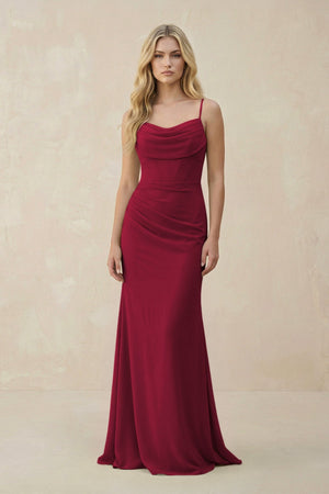 Cowl Neck Sheath Chiffon Bridesmaid Dress with Corset in Berry - KissProm Bridesmaid Dresses