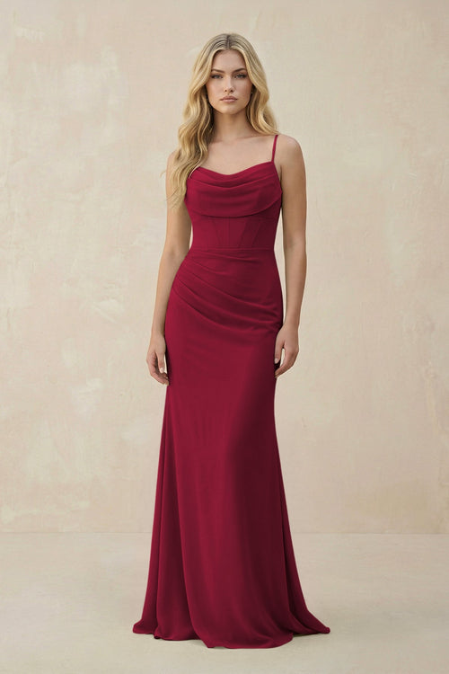 Cowl Neck Sheath Chiffon Bridesmaid Dress with Corset in Berry - KissProm Bridesmaid Dresses