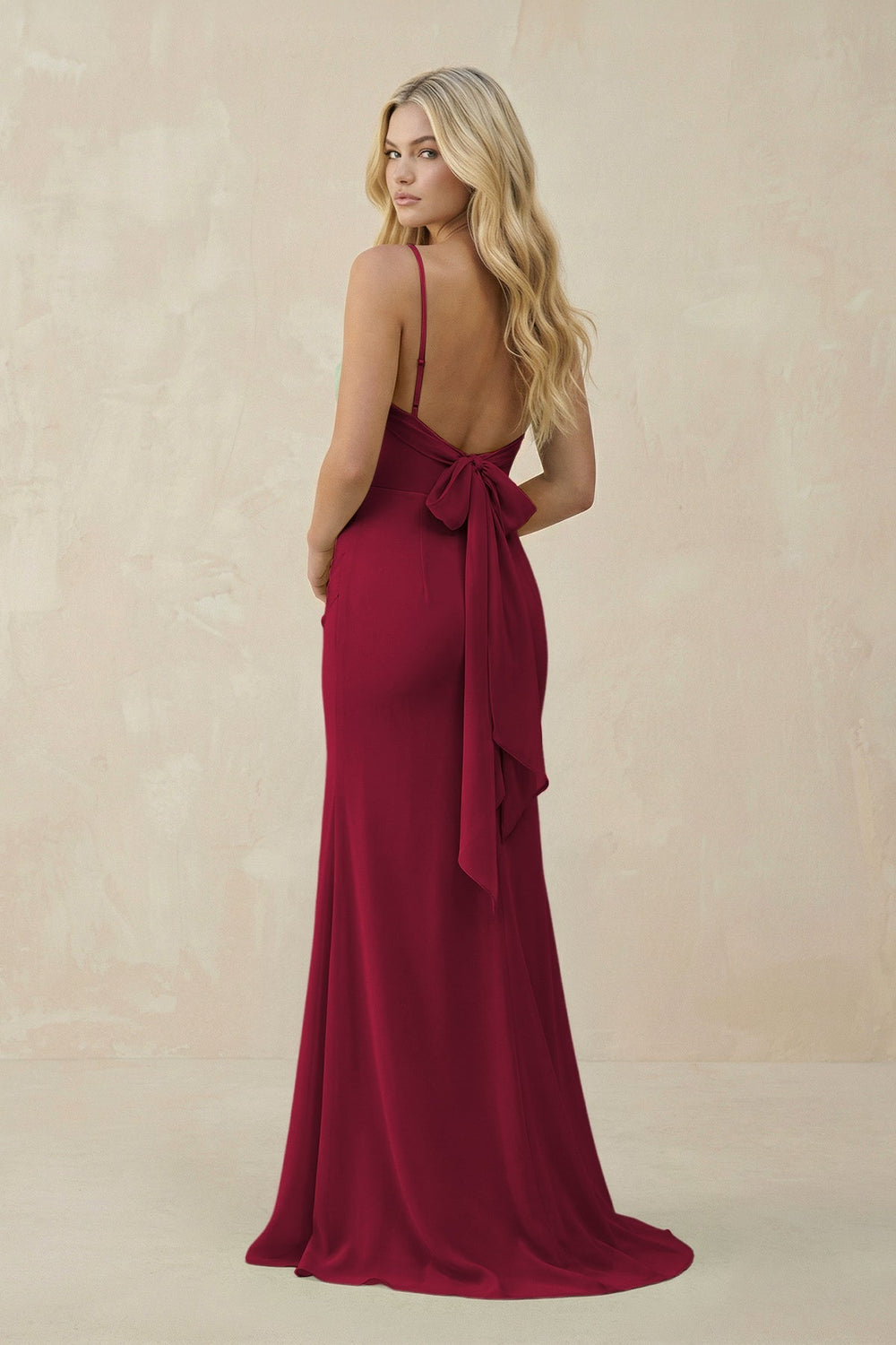 Cowl Neck Sheath Chiffon Bridesmaid Dress with Corset in Berry - KissProm Bridesmaid Dresses