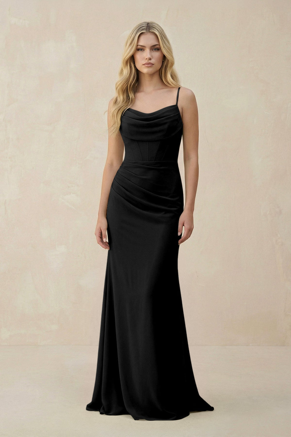 black silk bridesmaid dresses Satin Mermaid Long Dresses, MBD280 quality polyester Six Stories Cowl Front Satin