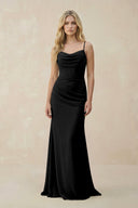 Cowl Neck Sheath Chiffon Bridesmaid Dress with Corset in Black - KissProm Bridesmaid Dresses