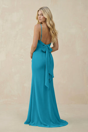 Cowl Neck Sheath Chiffon Bridesmaid Dress with Corset in Blue Jay - KissProm Bridesmaid Dresses
