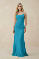 Cowl Neck Sheath Chiffon Bridesmaid Dress with Corset in Blue Jay - KissProm Bridesmaid Dresses