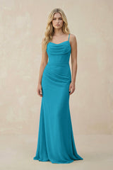 Cowl Neck Sheath Chiffon Bridesmaid Dress with Corset in Blue Jay - KissProm Bridesmaid Dresses