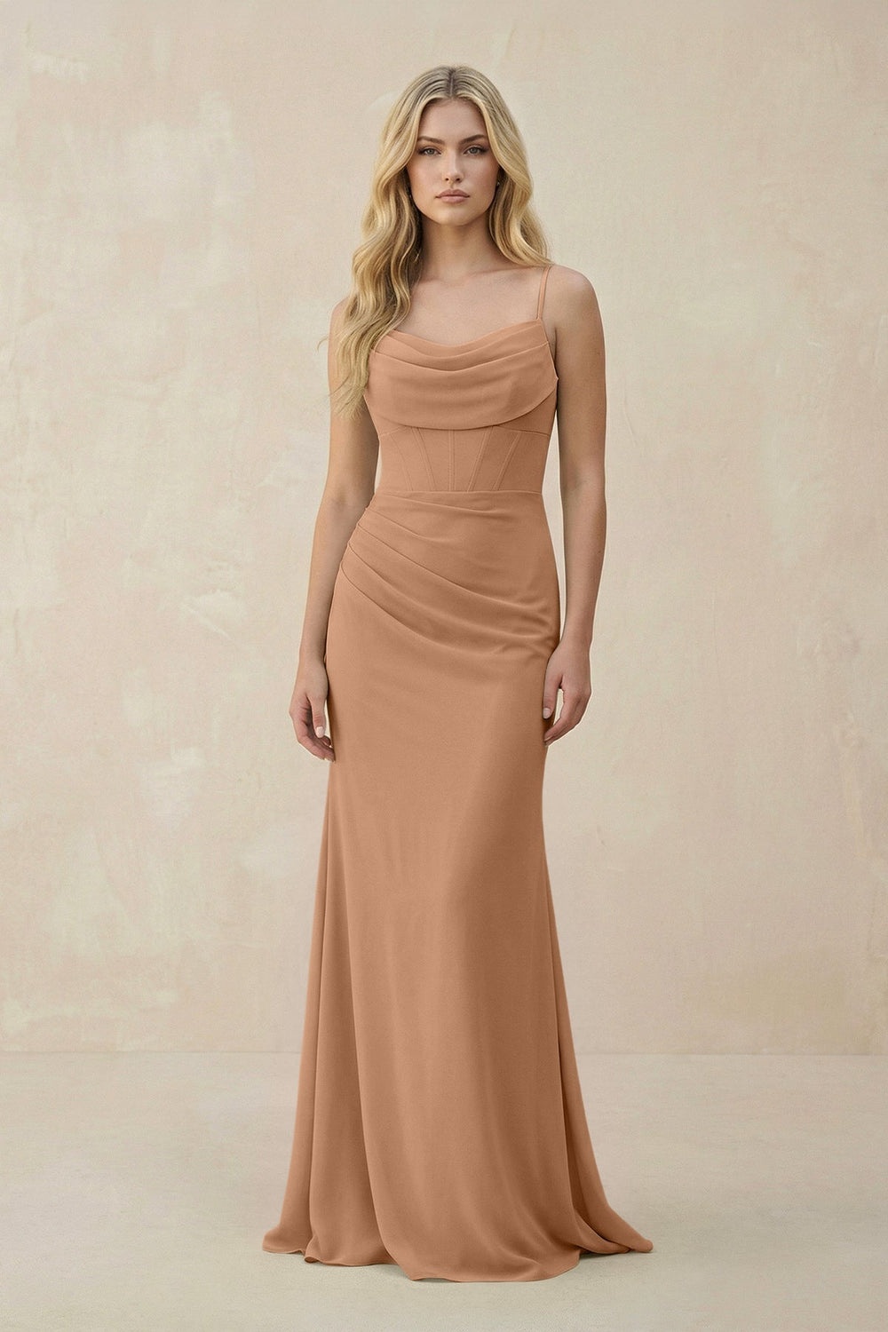 Cowl Neck Sheath Chiffon Bridesmaid Dress with Corset in Bronzer - KissProm Bridesmaid Dresses