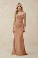 Cowl Neck Sheath Chiffon Bridesmaid Dress with Corset in Bronzer - KissProm Bridesmaid Dresses