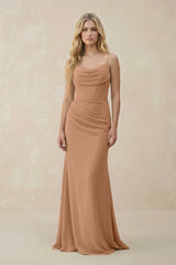 Cowl Neck Sheath Chiffon Bridesmaid Dress with Corset in Bronzer - KissProm Bridesmaid Dresses