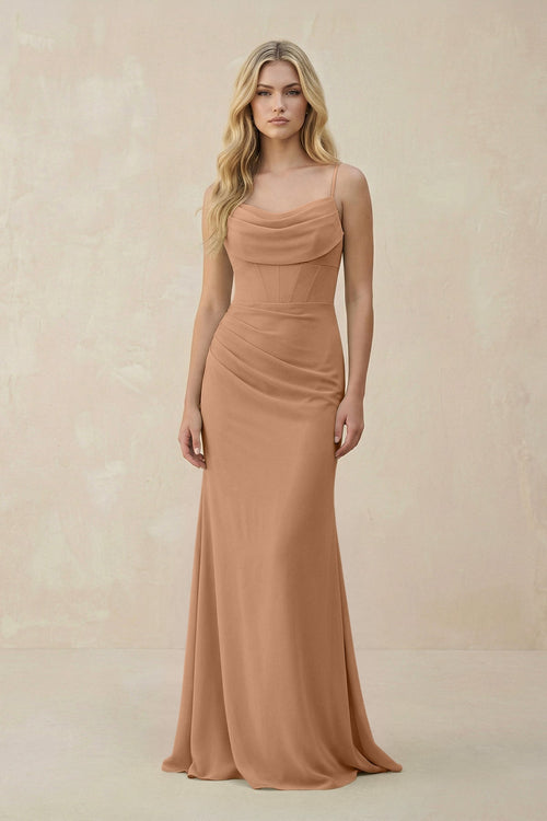 Cowl Neck Sheath Chiffon Bridesmaid Dress with Corset in Bronzer - KissProm Bridesmaid Dresses