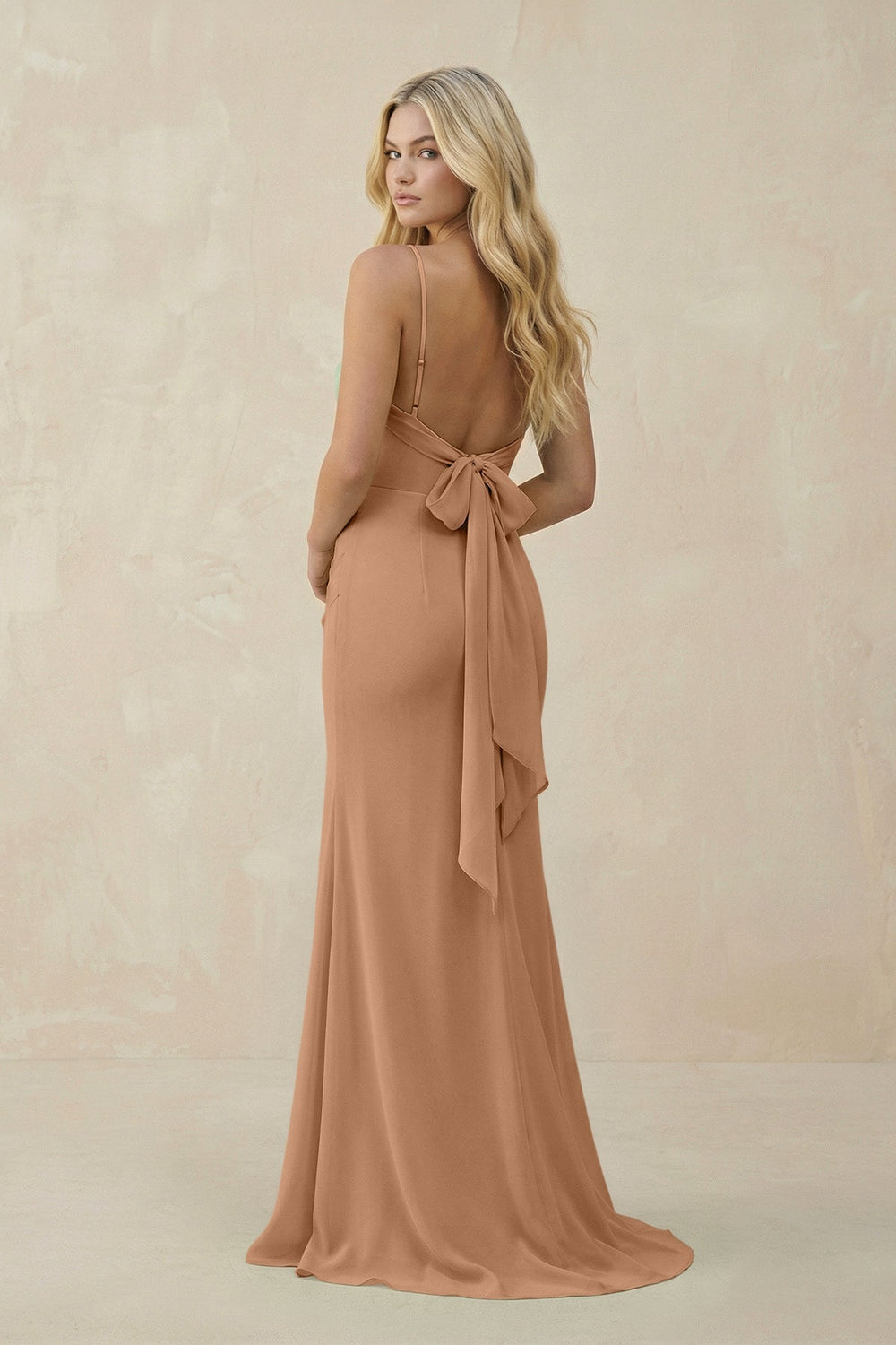 Cowl Neck Sheath Chiffon Bridesmaid Dress with Corset in Bronzer - KissProm Bridesmaid Dresses