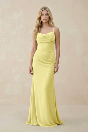 Cowl Neck Sheath Chiffon Bridesmaid Dress with Corset in Buttercup - KissProm Bridesmaid Dresses