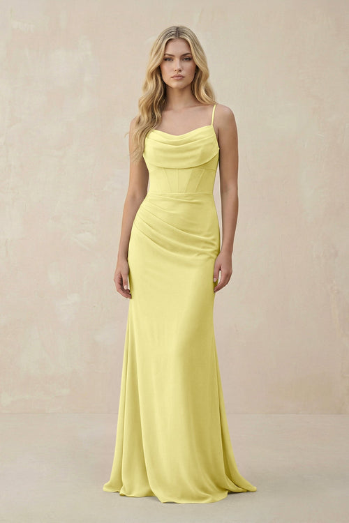 Cowl Neck Sheath Chiffon Bridesmaid Dress with Corset in Buttercup - KissProm Bridesmaid Dresses