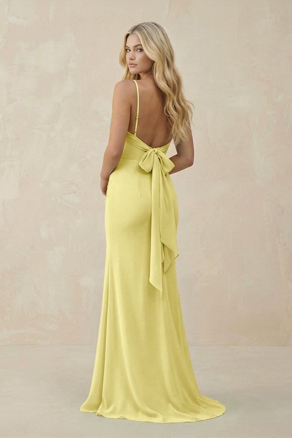 Cowl Neck Sheath Chiffon Bridesmaid Dress with Corset in Buttercup - KissProm Bridesmaid Dresses