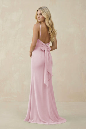 Cowl Neck Sheath Chiffon Bridesmaid Dress with Corset in Candy Pink - KissProm Bridesmaid Dresses