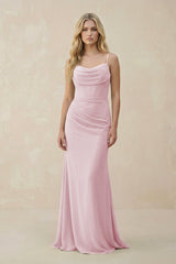 Cowl Neck Sheath Chiffon Bridesmaid Dress with Corset in Candy Pink - KissProm Bridesmaid Dresses