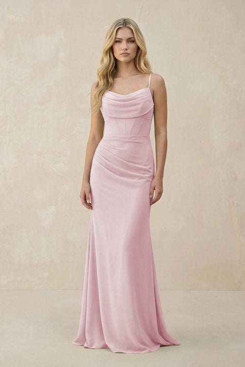 Cowl Neck Sheath Chiffon Bridesmaid Dress with Corset in Candy Pink - KissProm Bridesmaid Dresses