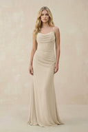 Cowl Neck Sheath Chiffon Bridesmaid Dress with Corset in Champagne - KissProm Bridesmaid Dresses