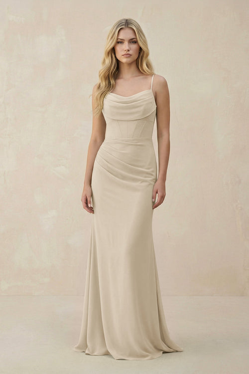 Cowl Neck Sheath Chiffon Bridesmaid Dress with Corset in Champagne - KissProm Bridesmaid Dresses