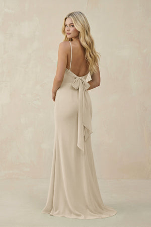 Cowl Neck Sheath Chiffon Bridesmaid Dress with Corset in Champagne - KissProm Bridesmaid Dresses