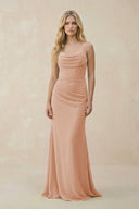 Cowl Neck Sheath Chiffon Bridesmaid Dress with Corset in Champagne Rose - KissProm Bridesmaid Dresses