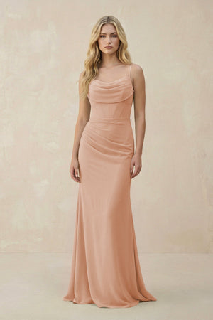 Cowl Neck Sheath Chiffon Bridesmaid Dress with Corset in Champagne Rose - KissProm Bridesmaid Dresses