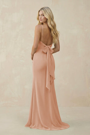 Cowl Neck Sheath Chiffon Bridesmaid Dress with Corset in Champagne Rose - KissProm Bridesmaid Dresses