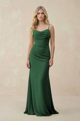 Cowl Neck Sheath Chiffon Bridesmaid Dress with Corset in Dark Green - KissProm Bridesmaid Dresses
