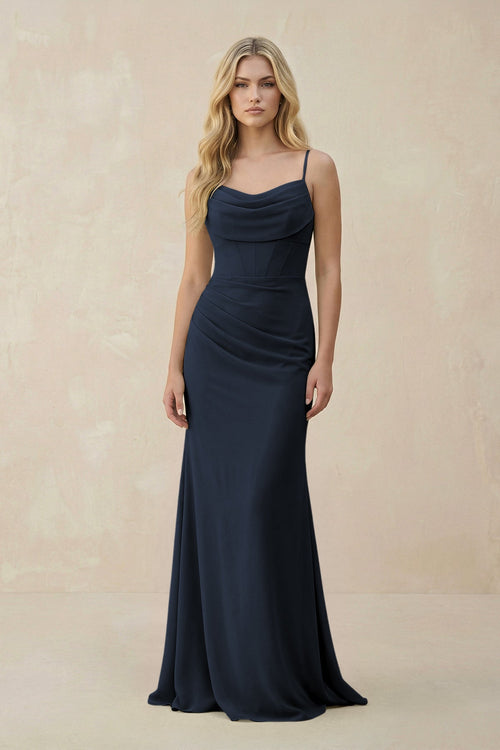 Cowl Neck Sheath Chiffon Bridesmaid Dress with Corset in Dark Navy - KissProm Bridesmaid Dresses
