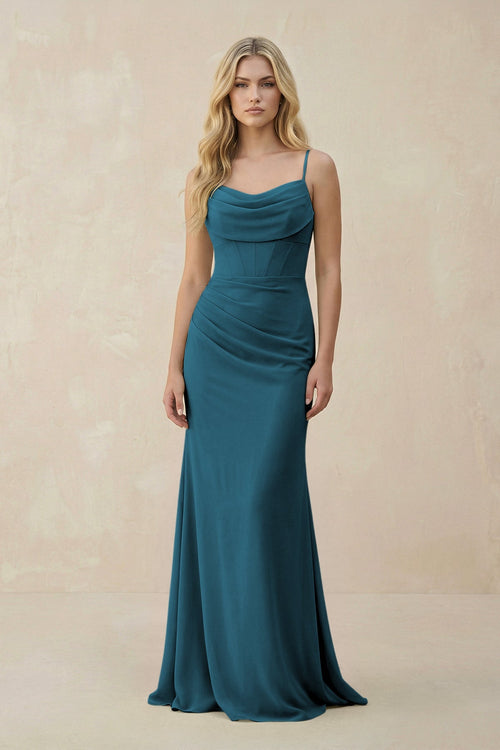 Cowl Neck Sheath Chiffon Bridesmaid Dress with Corset in Dark Teal - KissProm Bridesmaid Dresses