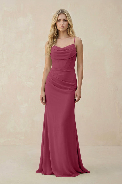 Cowl Neck Sheath Chiffon Bridesmaid Dress with Corset in Desert Rose - KissProm Bridesmaid Dresses