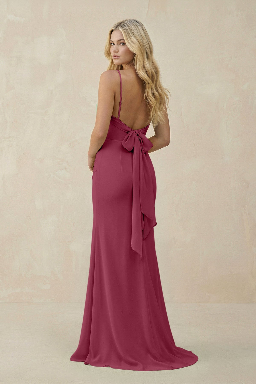 Cowl Neck Sheath Chiffon Bridesmaid Dress with Corset in Desert Rose - KissProm Bridesmaid Dresses