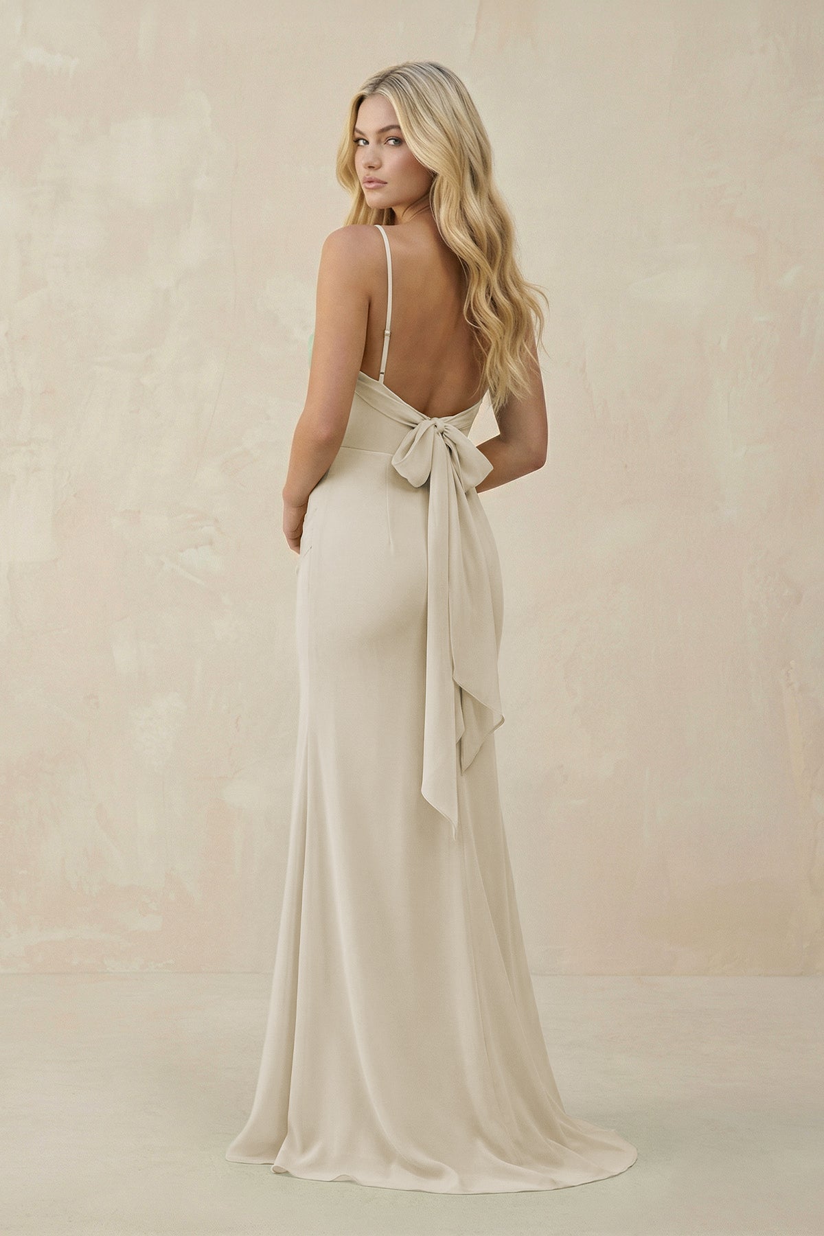 KissProm Cowl Neck Sheath Chiffon Bridesmaid Dress with Corset in Dove Gray, Dove Gray / 24