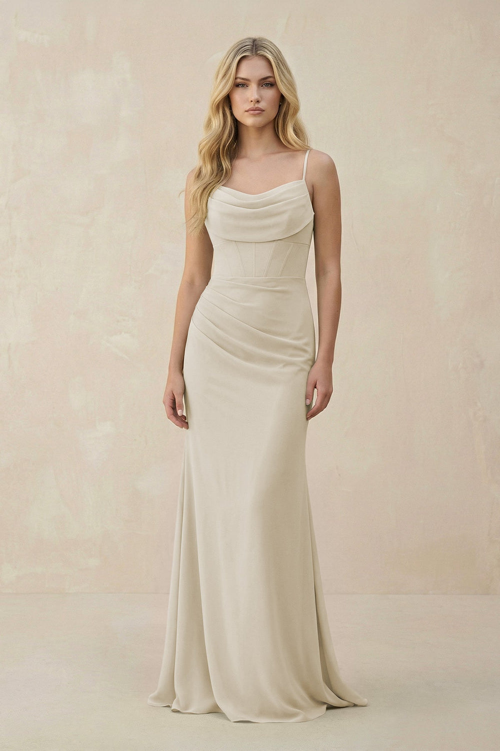 Cowl Neck Sheath Chiffon Bridesmaid Dress with Corset in Dove Gray - KissProm Bridesmaid Dresses