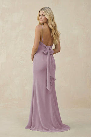 Cowl Neck Sheath Chiffon Bridesmaid Dress with Corset in Dusk - KissProm Bridesmaid Dresses