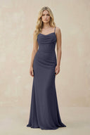 Cowl Neck Sheath Chiffon Bridesmaid Dress with Corset in Dusk Blue - KissProm Bridesmaid Dresses