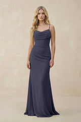 Cowl Neck Sheath Chiffon Bridesmaid Dress with Corset in Dusk Blue - KissProm Bridesmaid Dresses