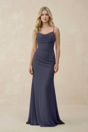 Cowl Neck Sheath Chiffon Bridesmaid Dress with Corset in Dusk Blue - KissProm Bridesmaid Dresses