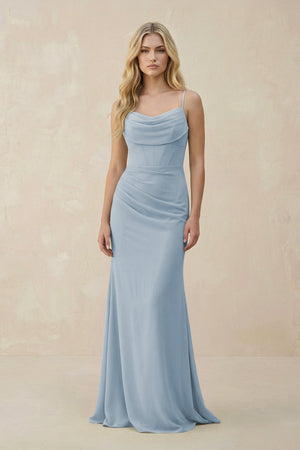 Cowl Neck Sheath Chiffon Bridesmaid Dress with Corset in Dusty Blue - KissProm Bridesmaid Dresses