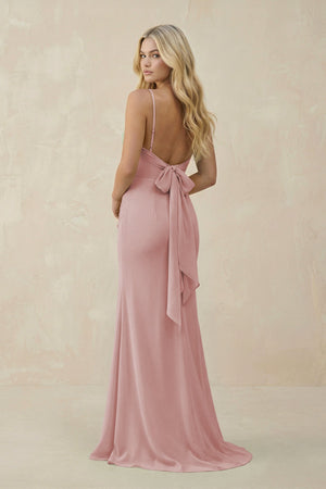Cowl Neck Sheath Chiffon Bridesmaid Dress with Corset in Dusty Rose - KissProm Bridesmaid Dresses