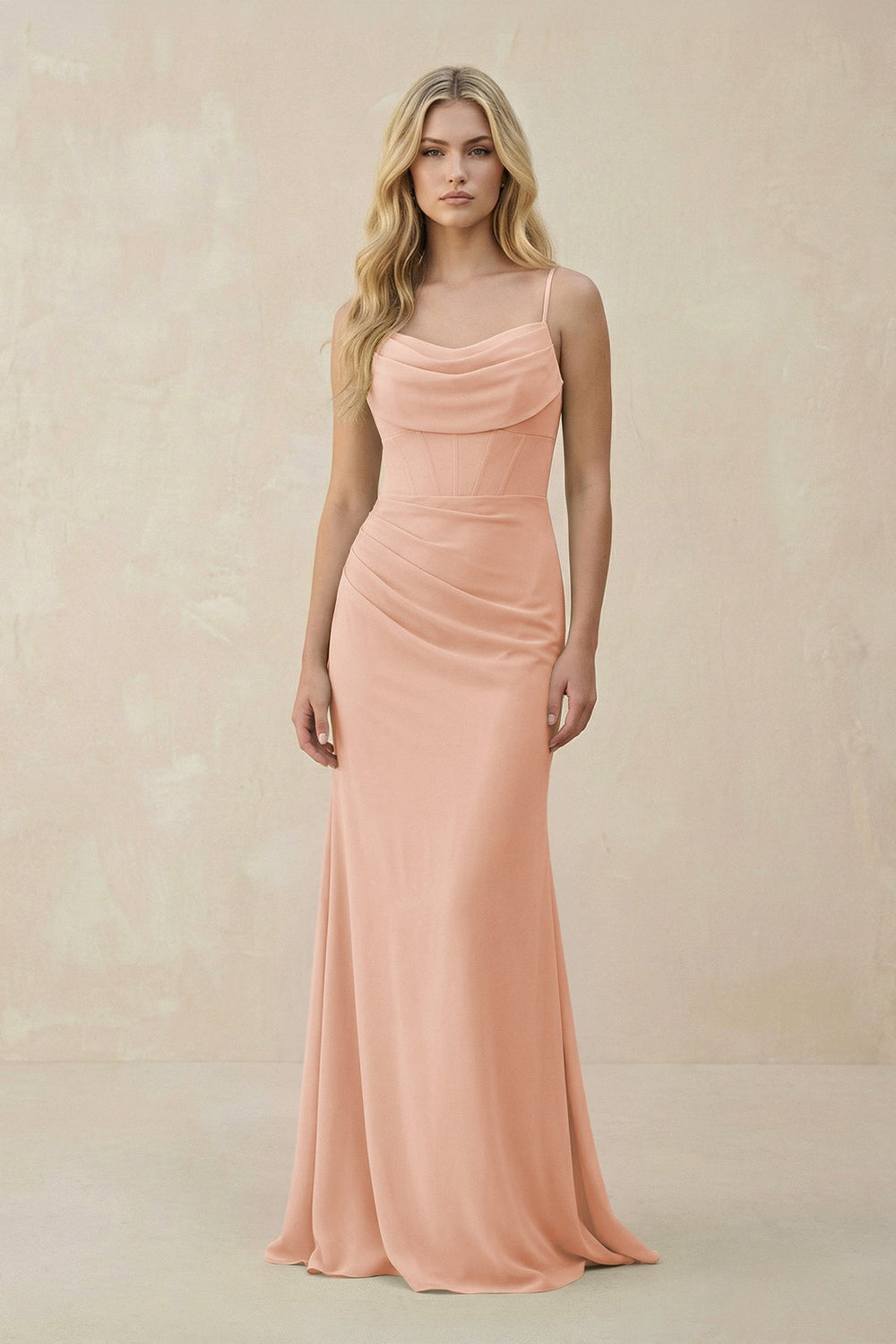 Cowl Neck Sheath Chiffon Bridesmaid Dress with Corset in English Rose - KissProm Bridesmaid Dresses
