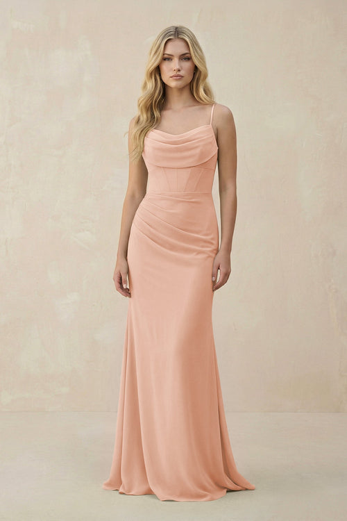 Cowl Neck Sheath Chiffon Bridesmaid Dress with Corset in English Rose - KissProm Bridesmaid Dresses