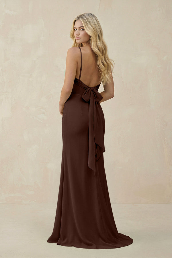 KissProm Cowl Neck Sheath Chiffon Bridesmaid Dress with Corset in Espresso, Espresso / 22