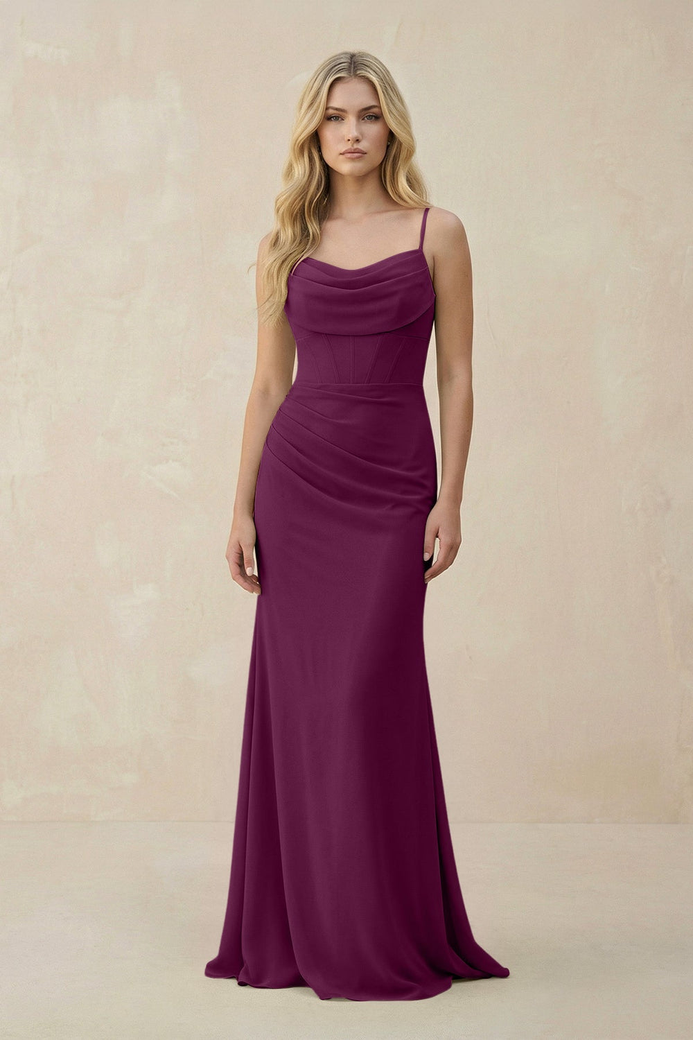 Cowl Neck Sheath Chiffon Bridesmaid Dress with Corset in Fig - KissProm Bridesmaid Dresses