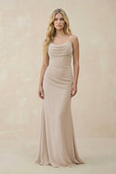 Cowl Neck Sheath Chiffon Bridesmaid Dress with Corset in Frost - KissProm Bridesmaid Dresses