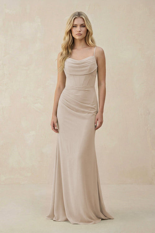 Cowl Neck Sheath Chiffon Bridesmaid Dress with Corset in Frost - KissProm Bridesmaid Dresses
